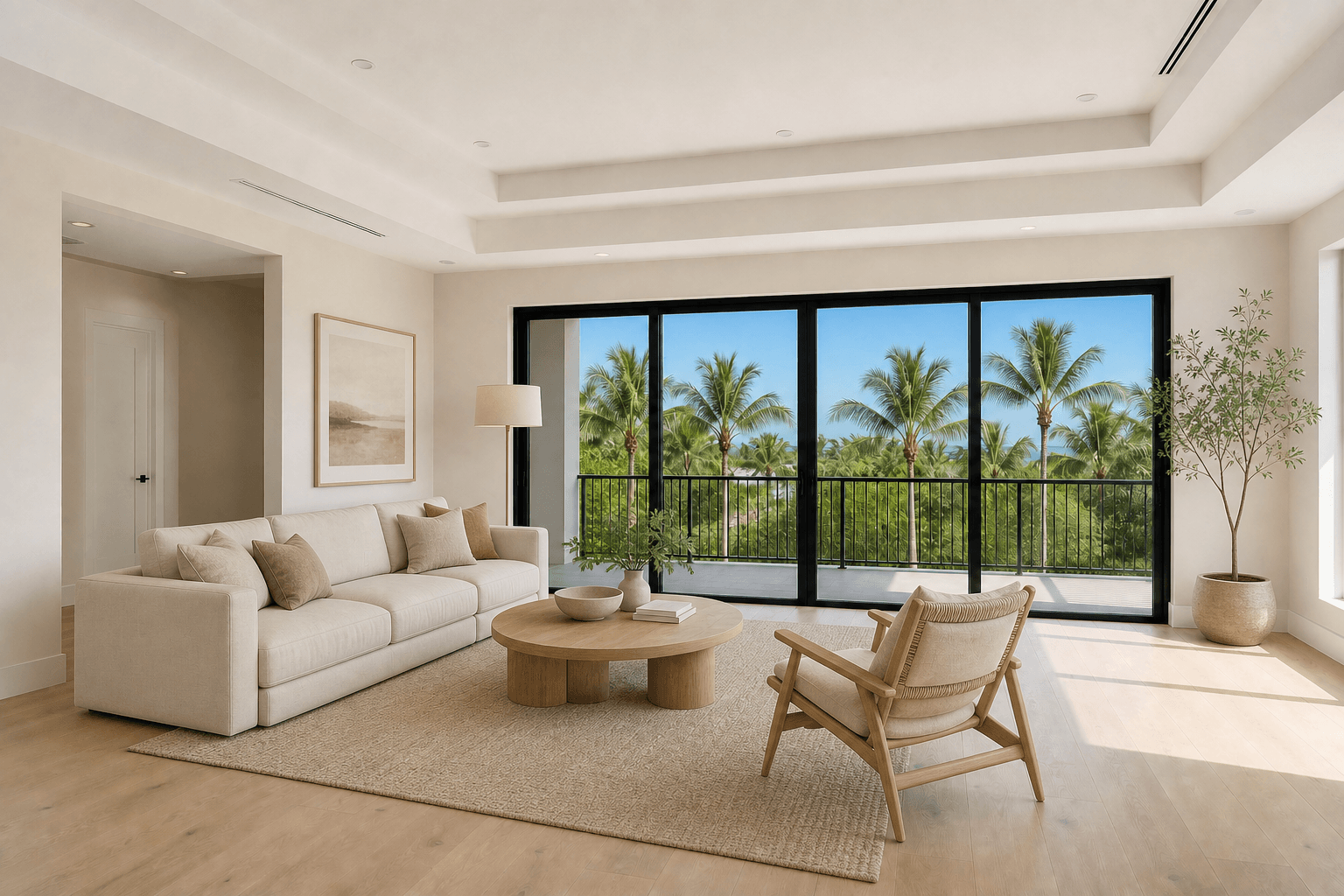 Warm modern living room staged with Perfect Shot